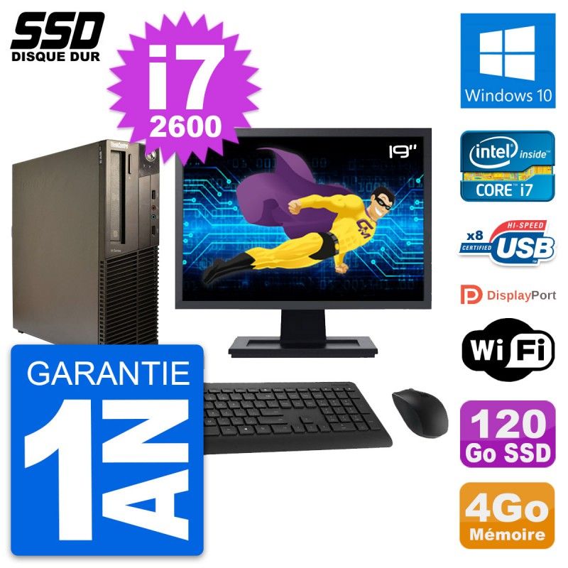 Lenovo M82 SFF PC - 19" Screen, Intel Core i7-2600, 4GB RAM, 120GB SSD, Windows 10, WiFi