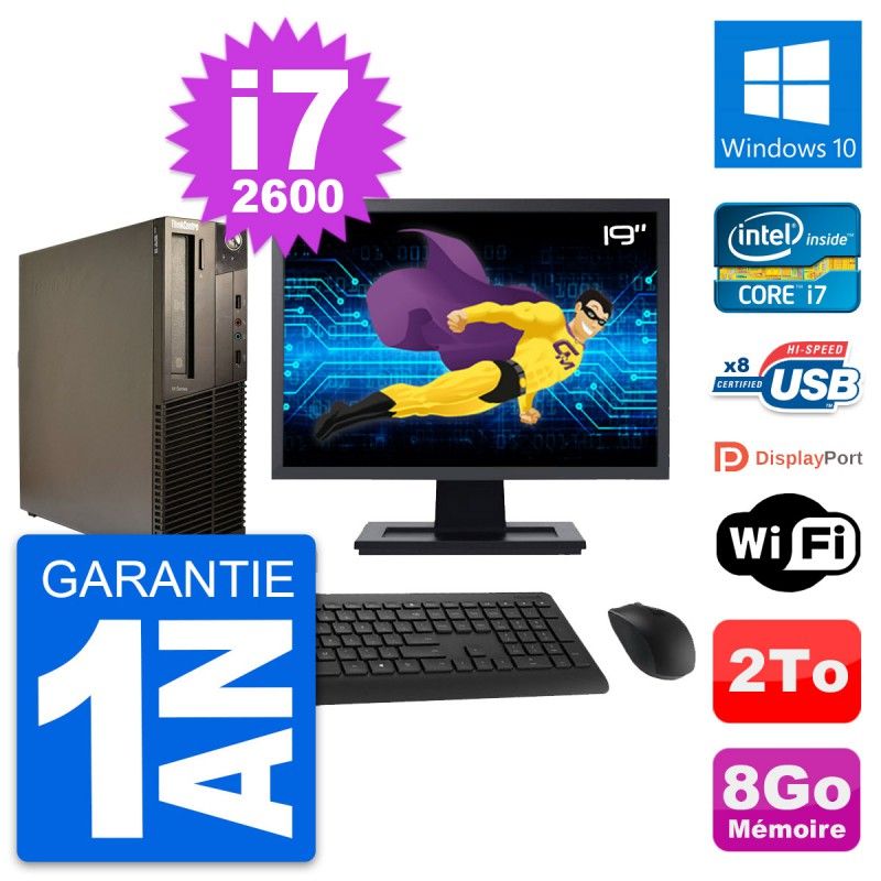 Lenovo M82 SFF Desktop Computer - 19" Screen, Intel i7-2600, 8GB RAM, 2TB HDD, Windows 10, WiFi
