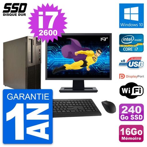 Lenovo M82 SFF PC - 19" Screen, Intel i7-2600, 16GB RAM, 240GB SSD, Windows 10, WiFi