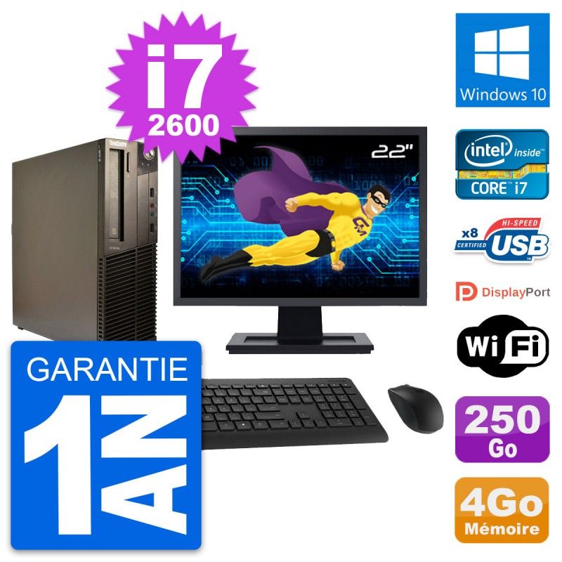 Lenovo M82 SFF PC - 22" Screen, Intel i7-2600, 4GB RAM, 250GB HDD, Windows 10, WiFi