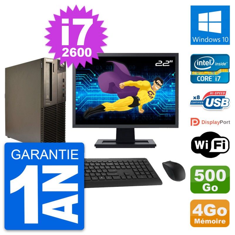 Lenovo M82 SFF Desktop Computer - 22" Screen, Intel i7-2600, 4GB RAM, 500GB HDD, Windows 10, WiFi