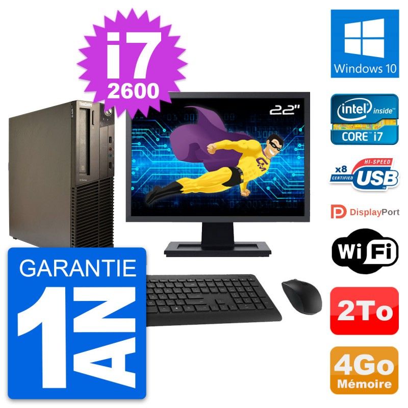 Lenovo M82 SFF Desktop Computer - 22" Screen, Intel i7-2600, 4GB RAM, 2TB HDD, Windows 10, WiFi