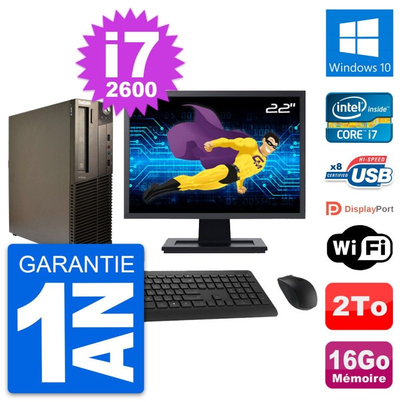 Lenovo M82 SFF PC - 22" Screen, Intel i7-2600, 16GB RAM, 2TB HDD, Windows 10, Wifi