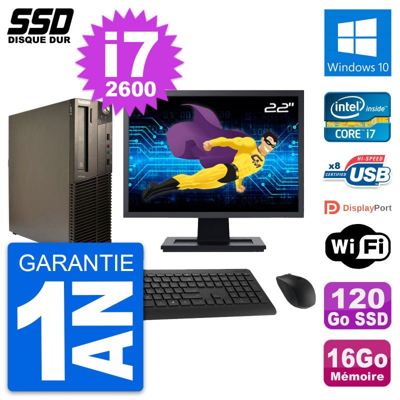 Lenovo M82 SFF PC - 22" Screen, Intel i7-2600, 16GB RAM, 120GB SSD, Windows 10, Wifi