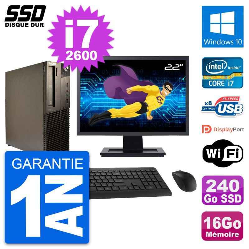 Lenovo M82 SFF Desktop Computer - 22" Screen, Intel i7-2600, 16GB RAM, 240GB SSD, Windows 10, WiFi
