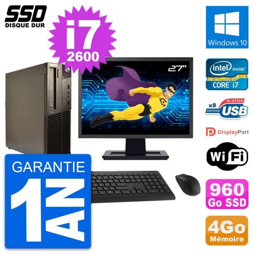 Lenovo M82 SFF Desktop PC - 27" Screen, Intel Core i7-2600, 4GB RAM, 960GB SSD, Windows 10, WiFi