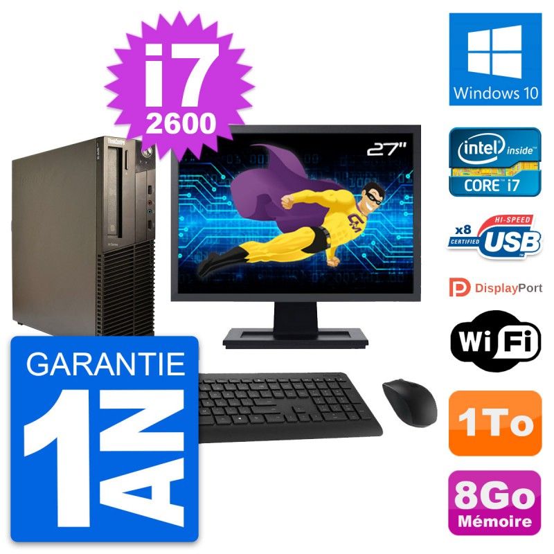 Lenovo M82 SFF Desktop Computer - 27" Screen, Intel i7-2600, 8GB RAM, 1TB HDD, Windows 10, WiFi