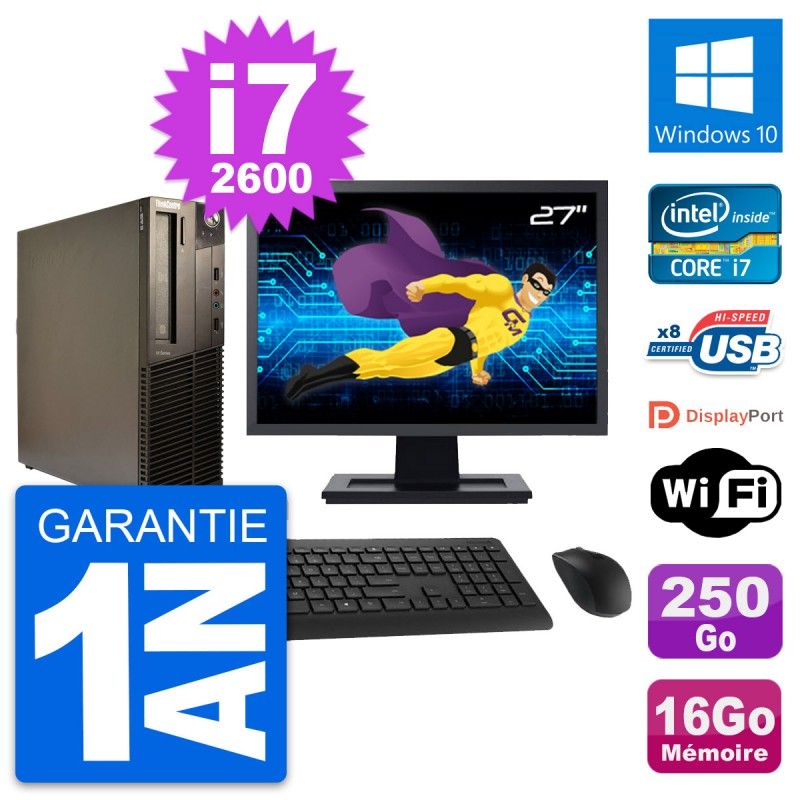 Lenovo M82 SFF Desktop Computer - 27" Screen, Intel i7-2600, 16GB RAM, 250GB SSD, Windows 10, WiFi