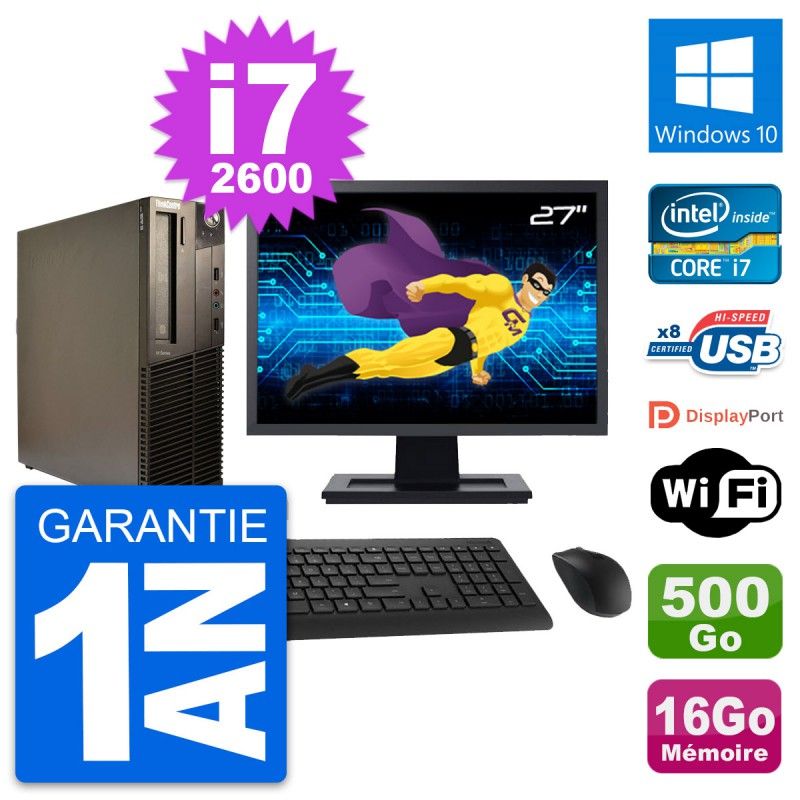 Lenovo M82 SFF Desktop PC - 27" Screen, Intel i7-2600, 16GB RAM, 500GB HDD, Windows 10, WiFi