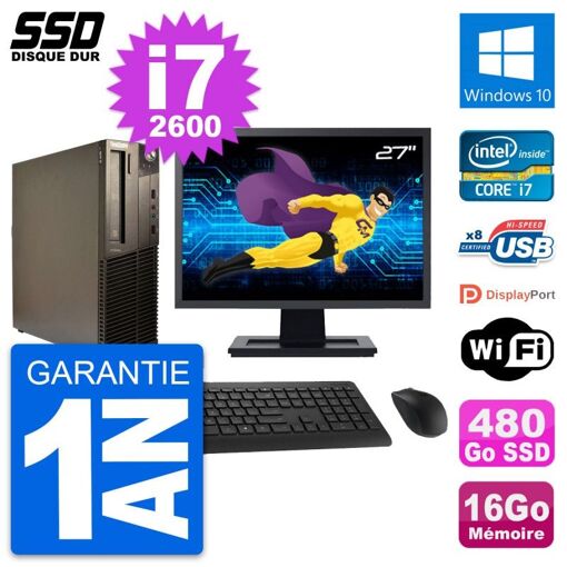 Lenovo M82 SFF Desktop Computer | 27" Screen | Intel i7-2600 | 16GB RAM | 480GB SSD