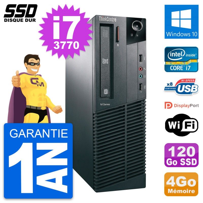 Lenovo ThinkCentre M82 SFF Desktop Computer - Intel Core i7-3770, 4GB RAM, 120GB SSD, Windows 10, WiFi