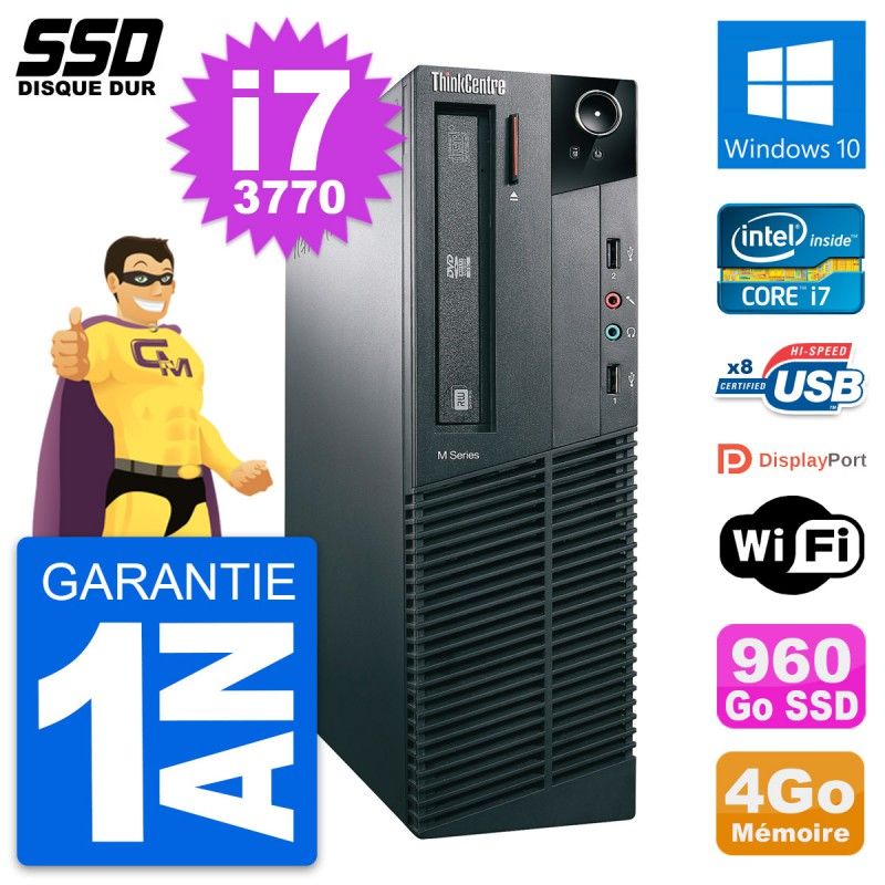 Lenovo ThinkCentre M82 SFF Desktop PC - Intel i7-3770, 4GB RAM, 960GB SSD, Windows 10, WiFi