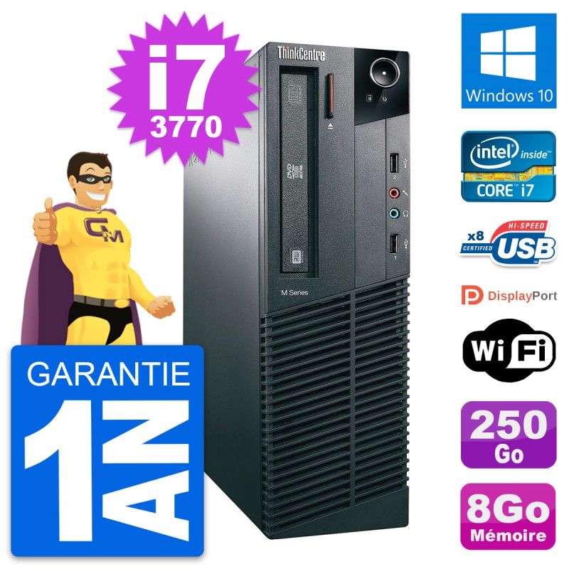 Lenovo ThinkCentre M82 SFF - Processeur Intel Core i7-3770, 8 Go de RAM, 250 Go SSD, Windows 10, WiFi