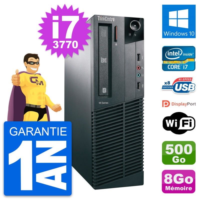 Lenovo ThinkCentre M82 SFF Intel Core i7-3770 - 8 Go de RAM - Disque dur 500 Go - Windows 10 avec Wi-Fi