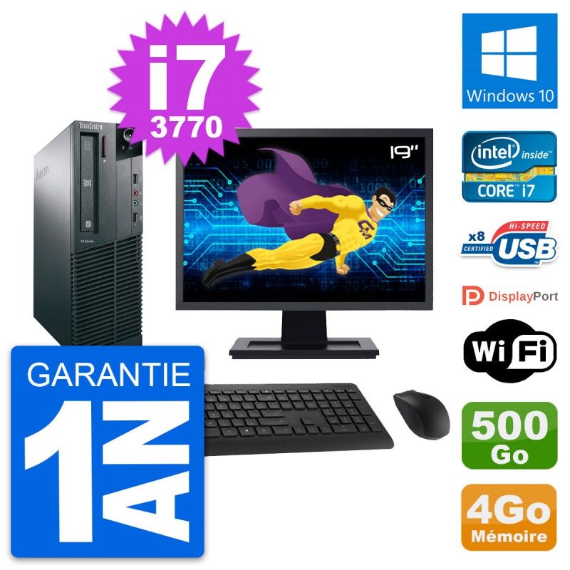 Lenovo M82 SFF Desktop PC - 19" Screen, Intel i7-3770, 4GB RAM, 500GB HDD, Windows 10, WiFi