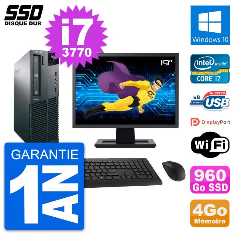 Lenovo M82 SFF Desktop Computer - 19" Screen, Intel Core i7-3770, 4GB RAM, 960GB SSD, Windows 10, WiFi