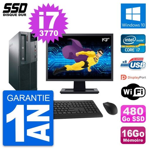Lenovo M82 SFF Desktop PC - 19" Screen, Intel i7-3770, 16GB RAM, 480GB SSD, Windows 10, WiFi