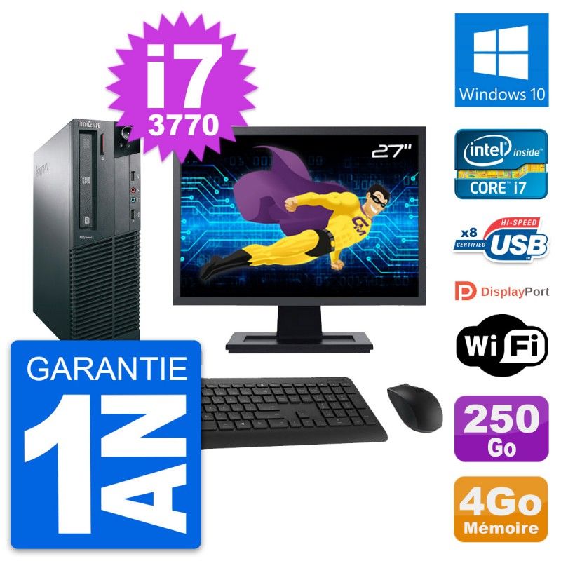 Lenovo M82 SFF Desktop Computer - 27" Screen, Intel i7-3770, 4GB RAM, 250GB SSD, Windows 10, WiFi