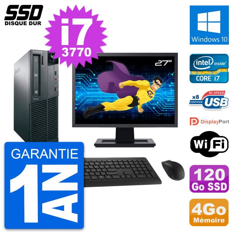 Lenovo M82 SFF Desktop Computer - 27" Screen, Intel Core i7-3770, 4GB RAM, 120GB SSD, Windows 10, WiFi