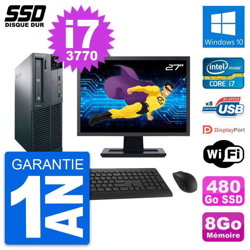 Lenovo M82 SFF Desktop PC - 27" Screen, Intel Core i7-3770, 8GB RAM, 480GB SSD, Windows 10, WiFi