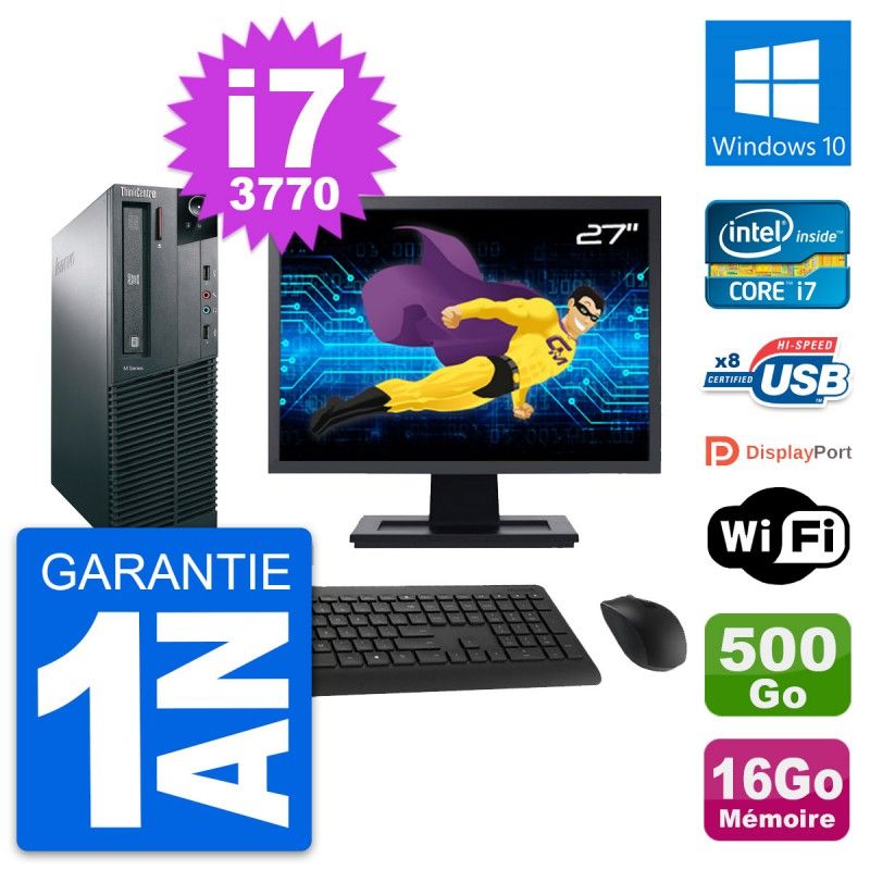 Lenovo M82 SFF Desktop Computer, 27" Screen, Intel i7-3770, 16GB RAM, 500GB HDD, Windows 10, WiFi