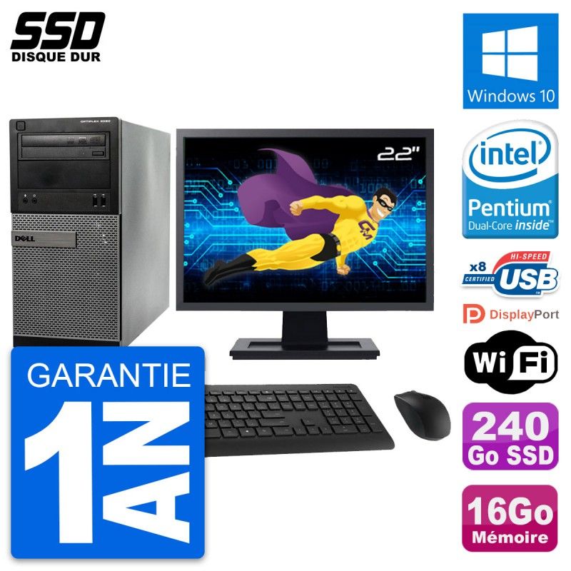 Dell OptiPlex 3020 Desktop PC - 22" Screen, Intel Pentium G3220, 16GB RAM, 240GB SSD, Windows 10, Wi-Fi
