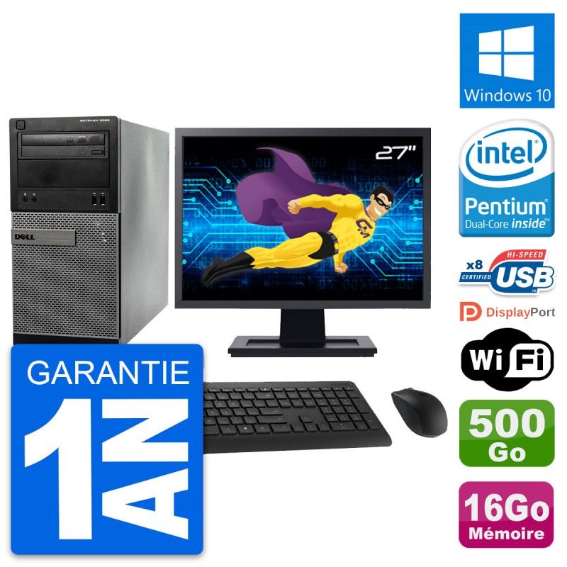 Dell OptiPlex 3020 Desktop Computer, 27-inch Screen, Intel Pentium G3220, 16GB RAM, 500GB HDD, Windows 10, WiFi