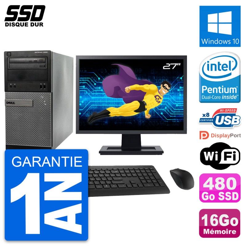 Dell OptiPlex 3020 Desktop PC - 27" Screen, Intel Pentium G3220, 16GB RAM, 480GB SSD, Windows 10, WiFi