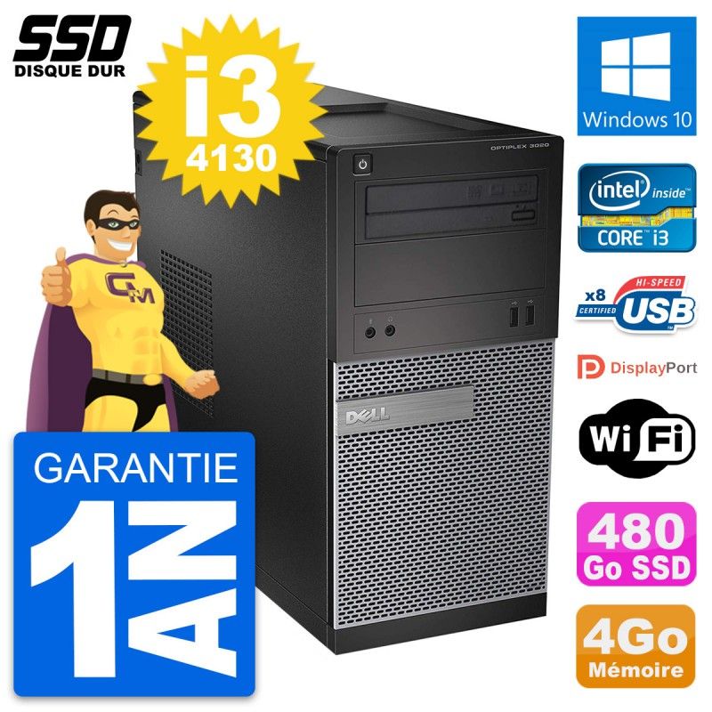 Dell OptiPlex 3020 Desktop PC - Intel Core i3-4130, 4GB RAM, 480GB SSD, Windows 10, WiFi