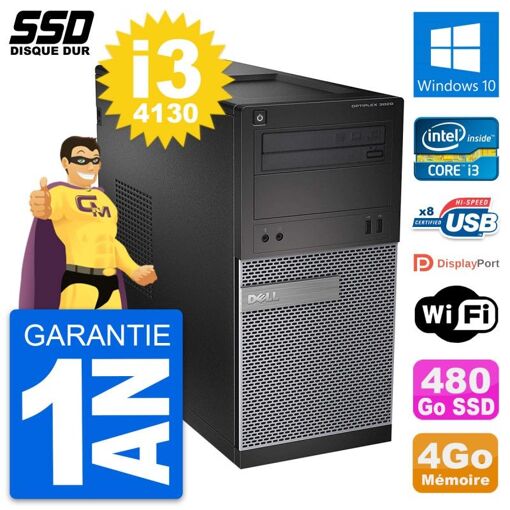 Dell OptiPlex 3020 Desktop PC - Intel Core i3-4130, 4GB RAM, 480GB SSD, Windows 10, WiFi