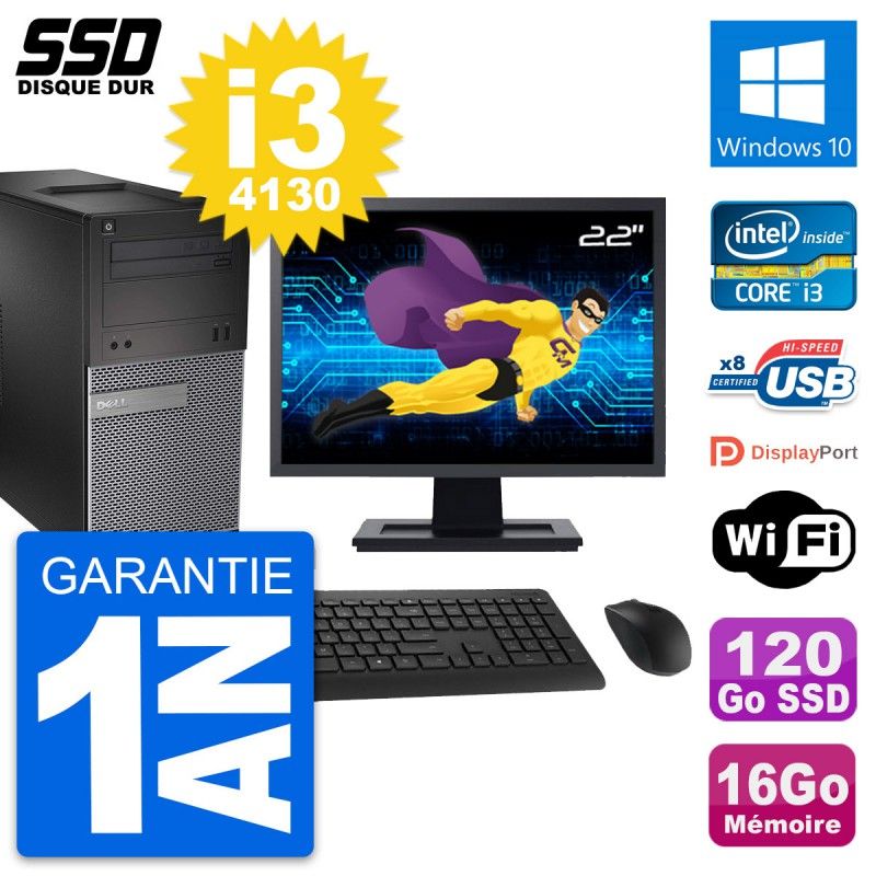 Ordinateur de bureau Dell OptiPlex 3020, écran 22'', processeur Intel i3-4130, 16 Go de RAM, SSD 120 Go, Windows 10, WiFi