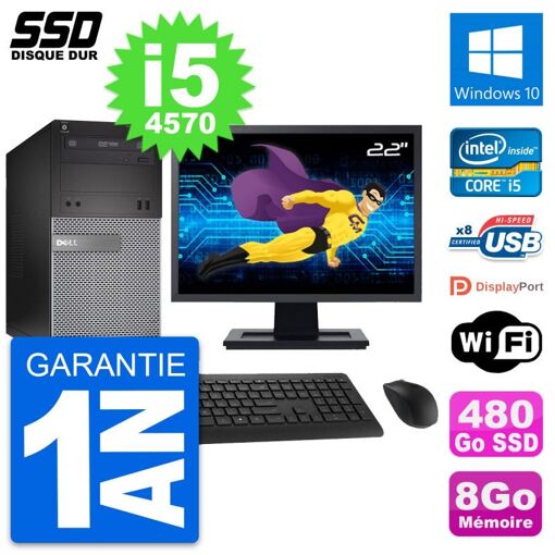 Dell OptiPlex 3020 Desktop PC - 22" Screen, Intel Core i5-4570, 8GB RAM, 480GB SSD, Windows 10, WiFi
