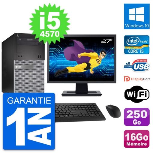 Dell OptiPlex 3020 Desktop Computer, 27" Screen, Intel i5-4570, 16GB RAM, 250GB SSD, Windows 10, WiFi