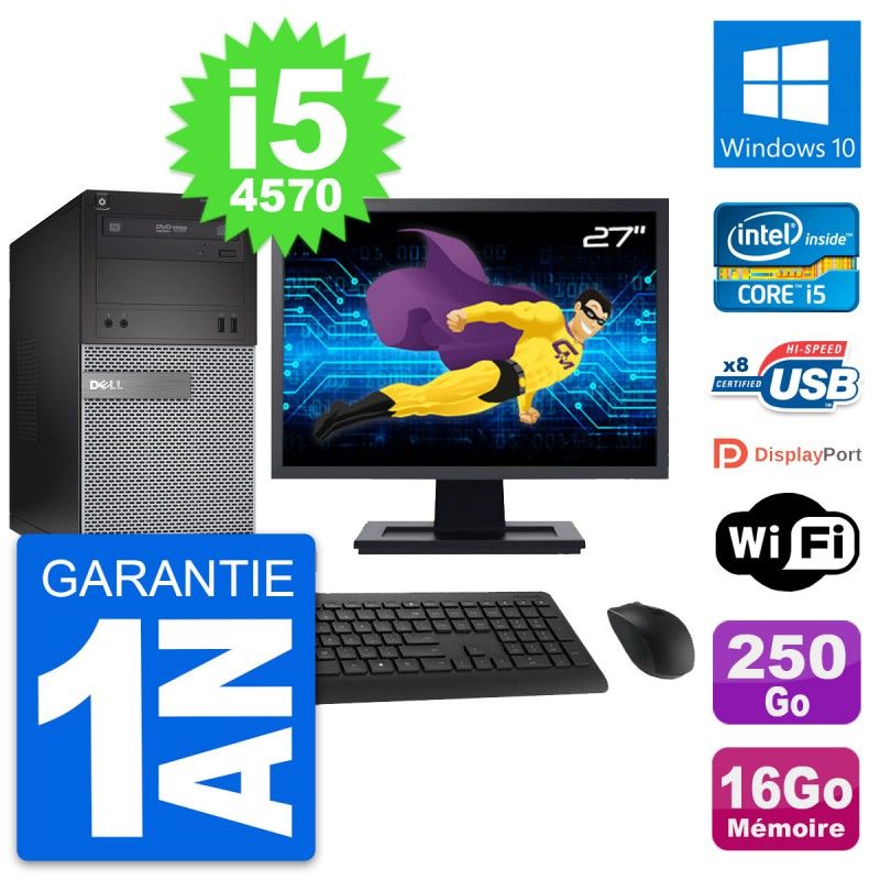 Dell OptiPlex 3020 Desktop Computer, 27" Screen, Intel i5-4570, 16GB RAM, 250GB SSD, Windows 10, WiFi