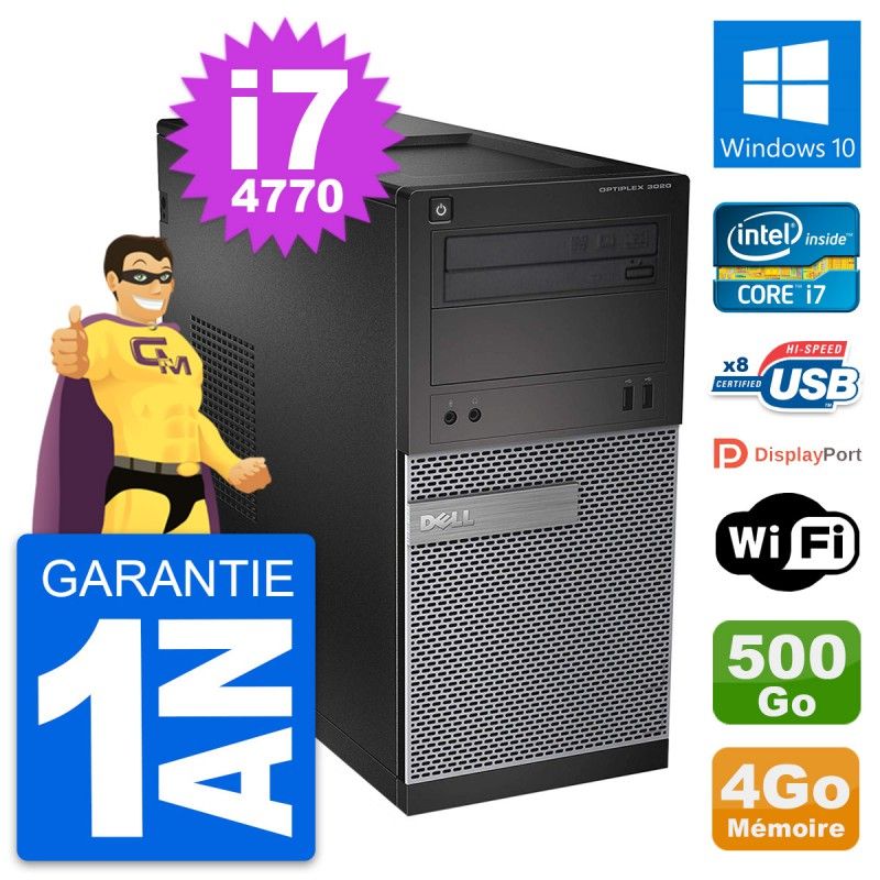 Ordinateur de bureau Dell OptiPlex 3020 - Processeur Intel i7-4770, 4 Go de RAM, Disque dur 500 Go, Windows 10, Wifi
