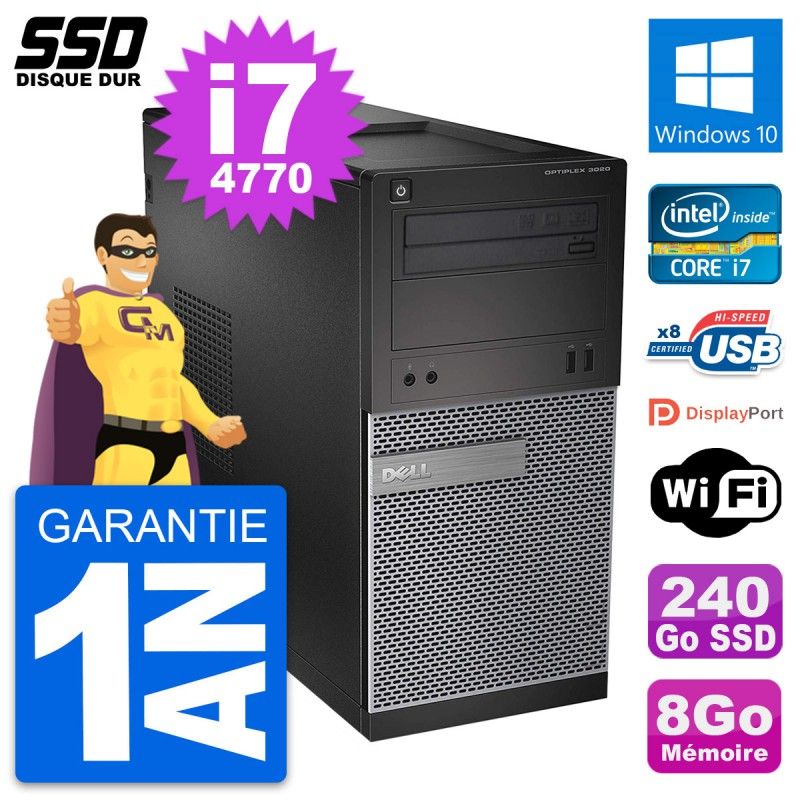 Ordinateur de bureau Dell OptiPlex 3020 - Processeur Intel Core i7-4770, 8 Go de RAM, 240 Go SSD, Windows 10, Wi-Fi