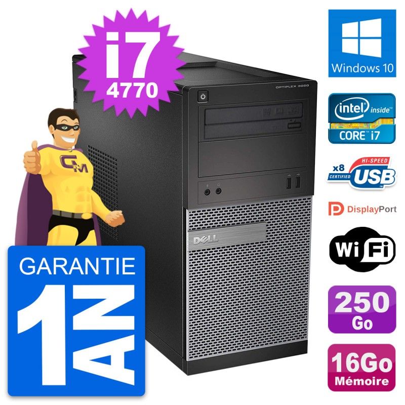 Ordinateur de bureau Dell OptiPlex 3020 - Processeur Intel i7-4770, 16 Go de RAM, 250 Go HDD, Windows 10, WiFi