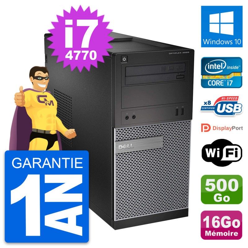 Ordinateur de bureau Dell OptiPlex 3020 - Processeur Intel i7-4770, 16 Go de RAM, 500 Go SSD, Windows 10, WiFi