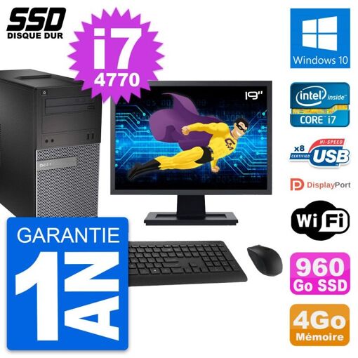 Dell OptiPlex 3020 Desktop PC - 19" Screen, Intel Core i7-4770, 4GB RAM, 960GB SSD, Windows 10, WiFi