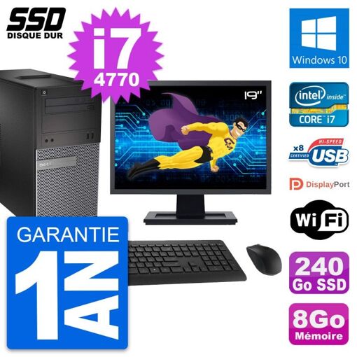 Dell OptiPlex 3020 Desktop PC - 19" Screen, Intel Core i7-4770, 8GB RAM, 240GB SSD, Windows 10, WiFi