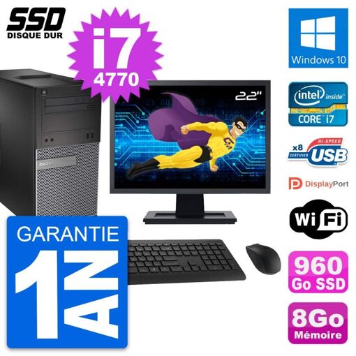 Dell OptiPlex 3020 Desktop Computer, 22" Screen, Intel Core i7-4770, 8GB RAM, 960GB SSD, Windows 10, WiFi