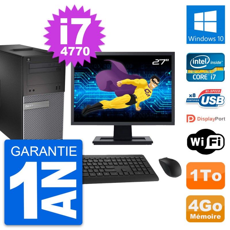 Ordinateur de bureau Dell OptiPlex 3020, écran 27'', processeur Intel i7-4770, 4 Go de RAM, disque dur 1 To, Windows 10, WiFi