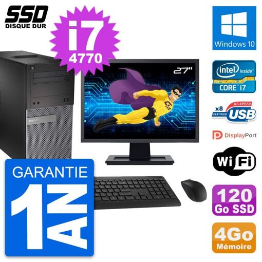 Dell OptiPlex 3020 Desktop Computer, 27" Screen, Intel Core i7-4770, 4GB RAM, 120GB SSD, Windows 10, WiFi