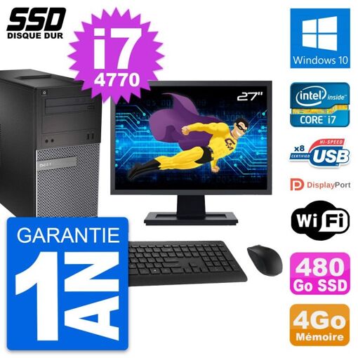 Dell OptiPlex 3020 Tower PC - 27" Monitor, Intel Core i7-4770, 4GB RAM, 480GB SSD, Windows 10, WiFi