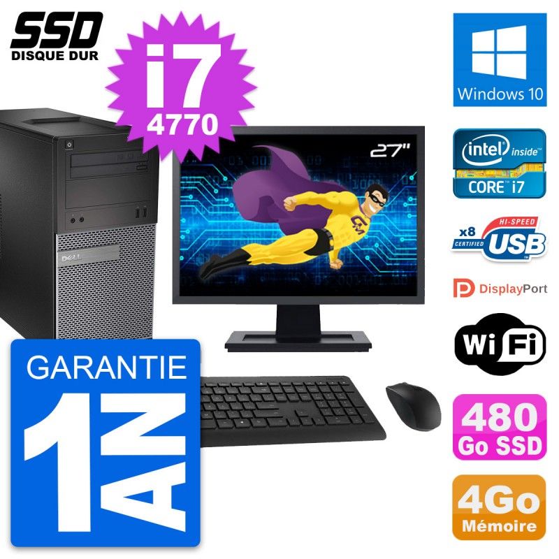 Dell OptiPlex 3020 Tower PC - 27" Monitor, Intel Core i7-4770, 4GB RAM, 480GB SSD, Windows 10, WiFi