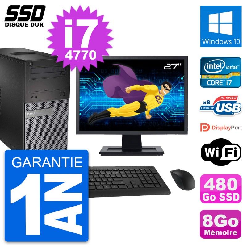 Dell OptiPlex 3020 Desktop Computer, 27" Screen, Intel Core i7-4770, 8GB RAM, 480GB SSD, Windows 10, WiFi