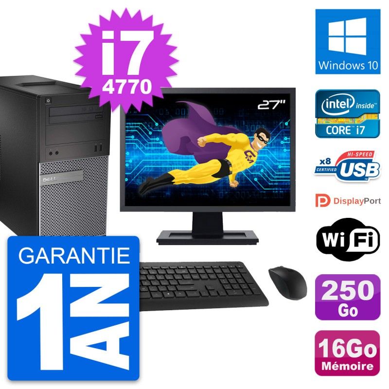 Dell OptiPlex 3020 Desktop Computer - 27" Screen, Intel i7-4770, 16GB RAM, 250GB SSD, Windows 10, WiFi