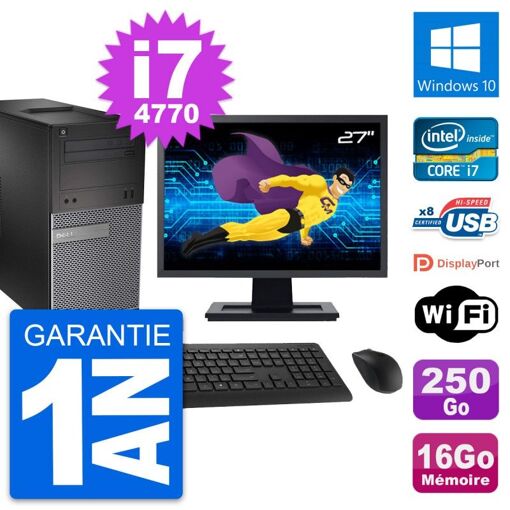 Computadora de escritorio Dell OptiPlex 3020 - Pantalla de 27", procesador Intel i7-4770, 16 GB de RAM, SSD de 250 GB, Windows 10, WiFi