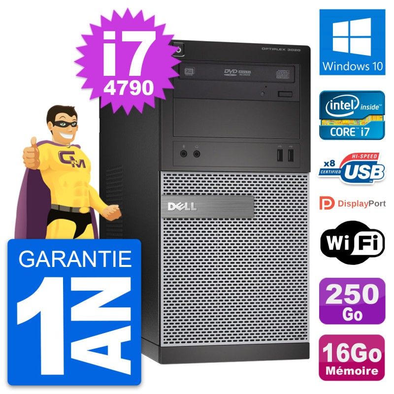 Ordinateur de bureau Dell OptiPlex 3020 - Processeur Intel i7-4790, 16 Go de RAM, 250 Go SSD, Windows 10, WiFi