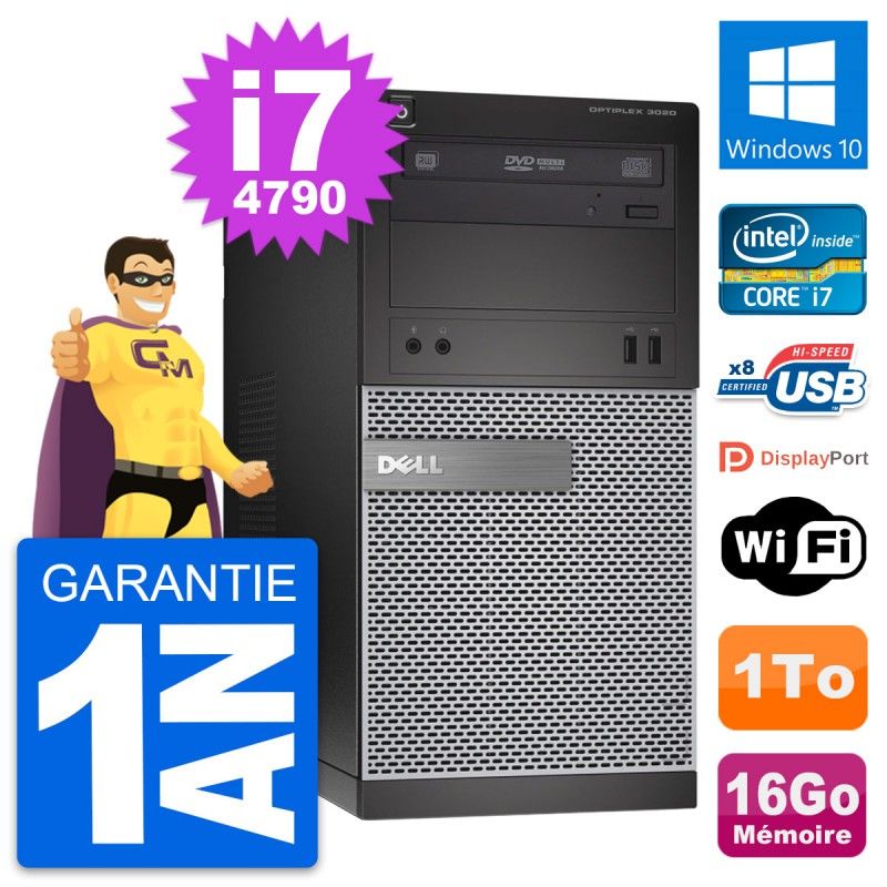 Ordinateur de bureau Dell OptiPlex 3020 - Processeur Intel i7-4790, 16 Go de RAM, 1 To SSD, Windows 10, WiFi